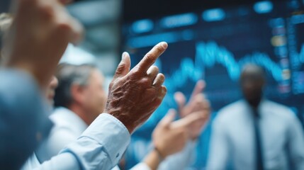 A candid shot of a group of investors engaged in a heated discussion gesturing towards fluctuating market data on a displayed screen. This image reflects teamwork strategic planning