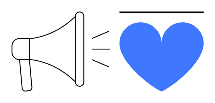 Megaphone with lines conveying sound directed at a blue heart underlined, suggesting outreach, love, and connection. Ideal for communication, marketing, awareness, outreach, charity empathy simple