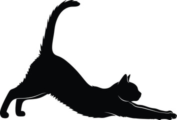 Minimalist Black Cat Silhouette Stretching Forward with Tail Up – Vector Side Profile