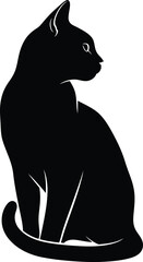 Minimalist Black Cat Silhouette Sitting Upright with Tail Wrapped Around Front Paws – Vector on White