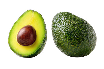 A halved avocado displays vibrant yellow-green flesh, a large brown pit, and sits beside its whole, dark-green counterpart against a black backdrop