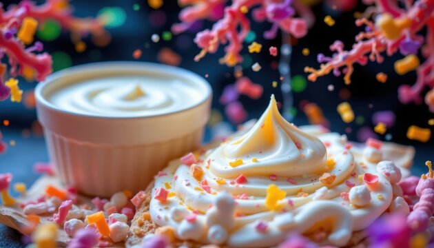 detailed scene of fermented dairy products like yogurt promoting lactobacillus and bifidobacterium growth, colorful and glowing microbiome.
