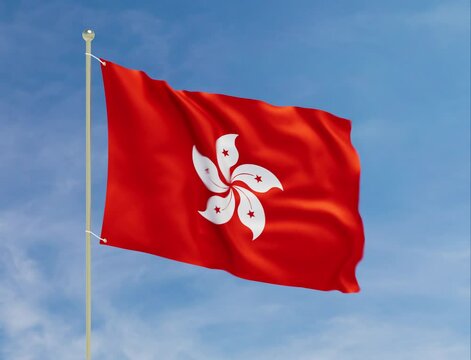 Flag of Hong Kong Waving Proudly on a Flagpole. 3D Animation of Hong Konger flag. Seamless Loop with Matte.