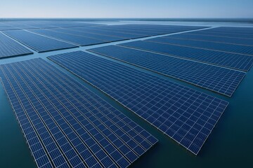 A floating solar farm generates clean energy on water surfaces. Vast floating solar panel arrays cover a large water surface, harnessing renewable energy in an innovative and eco-friendly manner.