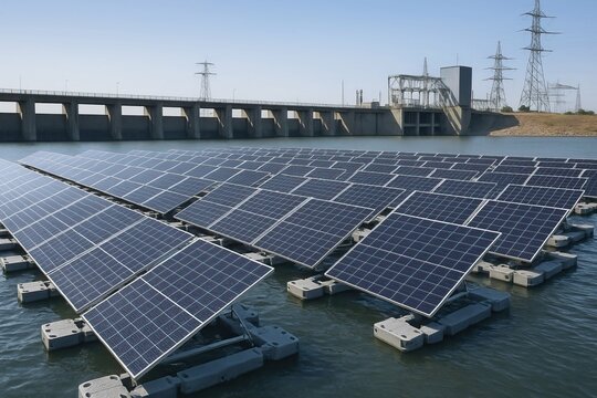 A floating solar farm generates clean energy on water surfaces. Floating solar panels installed on a water reservoir next to a dam with transmission towers in the background under clear skies.