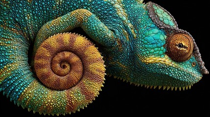 Natural fractal geometry reveals repeating patterns in nature. Close-up of a colorful chameleon's textured skin and curled tail against a black background.