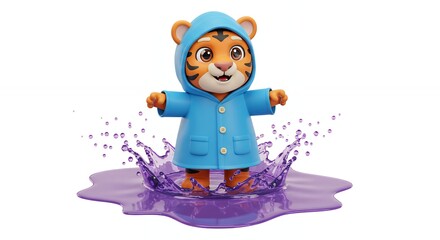 Cartoon tiger in raincoat in puddle