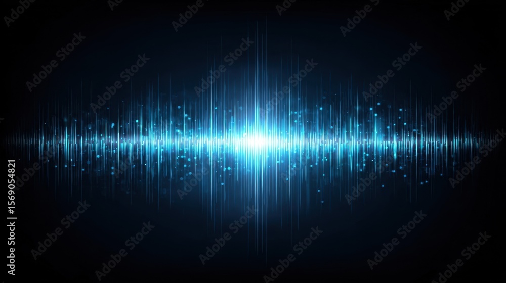 Poster striking sound wave graphic portraying an audio equalizer highlighted with luminous peaks and trough