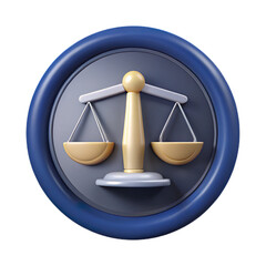 3d rendered icon of a golden balance scale on a blue and gray circular isolated on transparent background