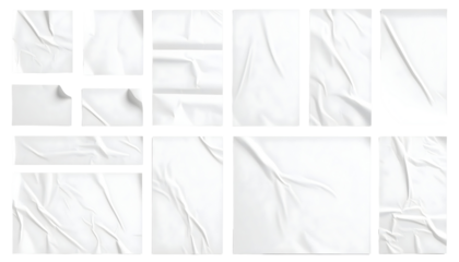 Collection of Crumpled White Paper Sheets Various Sizes and Creases Mockup for Design.