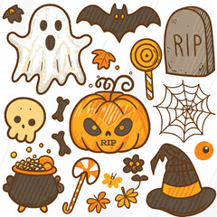 Happy Halloween Ghost Bat Pumpkin Candy Spider Vector Illustration

