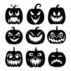 A spooky, orange vector set of Halloween pumpkin icons features scary, evil faces perfect for autumn holiday celebrations