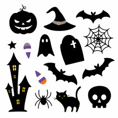 Halloween Illustration with Pumpkin, Witch Hat, Candy, Ghosts, and Bats