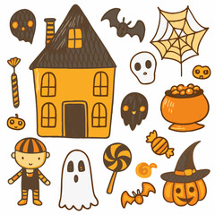 Spooky Haunted House Halloween Illustration with Full Moon, Bats, and Pumpkins