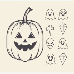 A set of Halloween pumpkin faces are depicted as cartoon vector illustrations, perfect as icons or symbols for web design