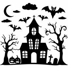 Haunted Halloween house and tree silhouette with bats and moon on a dark, spooky October night vector illustration