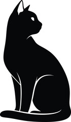 Minimalist Black Cat Silhouette Sitting Upright with Tail Wrapped – Vector on White