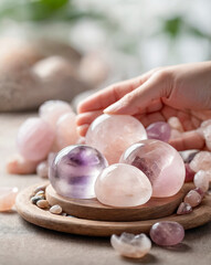 Macro of clean female hands cupping polished crystals like rose quartz, amethyst, and clear quartz.