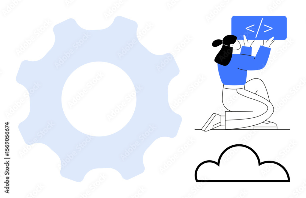 Poster person writing code on a screen, large gear as metaphor for process, cloud symbol for hosting. ideal