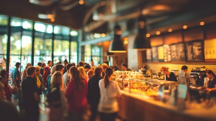 Blurred background of bustling coffee shop, long queue of diverse customers waiting at the counter, vibrant social energy, warm tones and casual interior