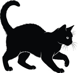 Playful Black Cat Silhouette in Pounce Position Isolated on White Background

