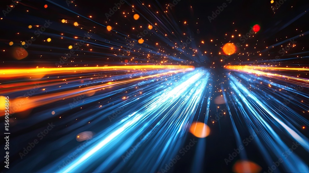Poster dynamic light streaks in a dark space.