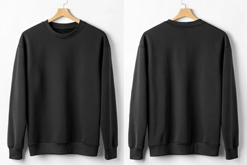 Front and back view of a plain black crewneck sweatshirt hanging on a wooden hanger against a white background