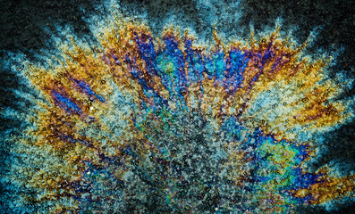 Oil stain on Asphalt road after rain, color Gasoline fuel spots on Asphalt Road
