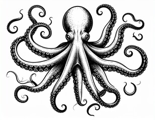 Black and white illustration of an octopus with detailed tentacles.