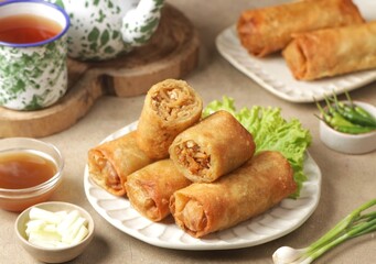 Lumpia rebung. Bamboo spring rolls are a snack in the form of an omelette filled with bamboo...