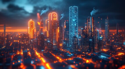 A neon-lit city skyline with a holographic display showing CO2 emissions in real time 