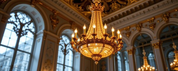 Obraz premium a palace chandelier turns in sync with distant towers, transmitting visual long distance communication through light shifts.