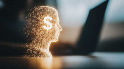 Financial Silhouette: A luminous silhouette of a head, adorned with a prominent dollar sign, floats near a sleek laptop. The image suggests financial acumen and monetary concepts.