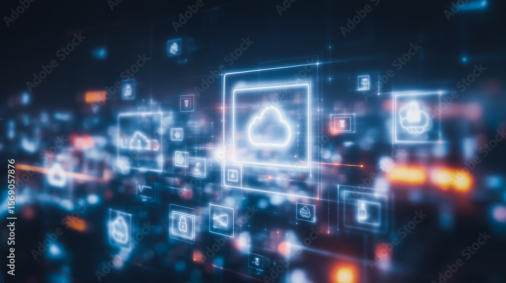 Poster cloud computing: a vibrant and intricate digital landscape illustrates the connectivity and intercon