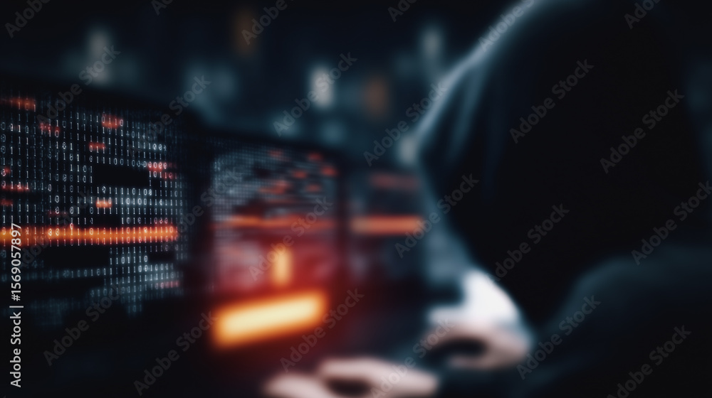 Poster cybersecurity intruder: an ominous hooded figure lurks in the shadows, illuminated by the glow of a 