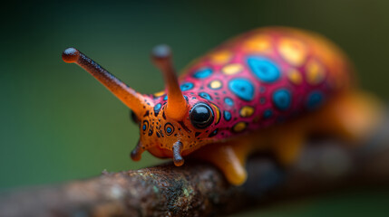 Vividly Patterned Slug with Orange Body and Blue Spots on Branch