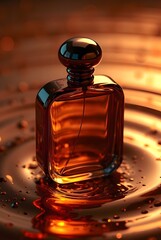 Luxury Amber Perfume Bottle on Golden Rippled Water Surface