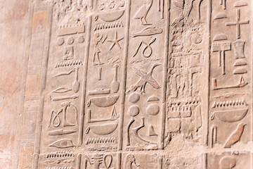 Ancient egyptian hieroglyphs carvings showing figures and symbols