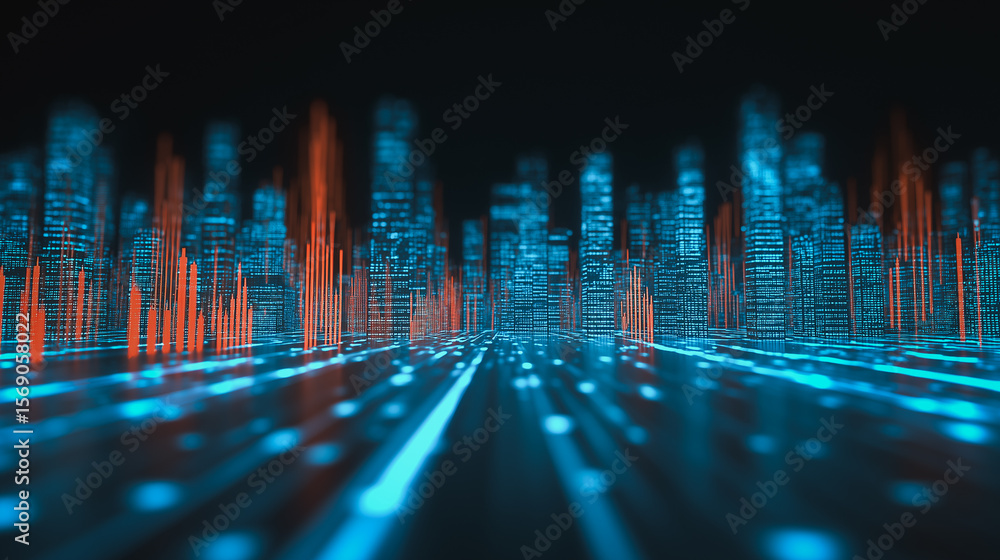 Aufkleber digital skyline: a dynamic digital rendering of a futuristic cityscape, rendered with an array of br