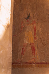 Ancient egyptian god anubis depicted on a wall painting in luxor temple