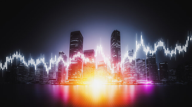 Financial Skyline: Economic growth soars across the urban skyline, symbolized by a vibrant stock market chart overlay, illuminating the cityscape with financial vitality. - Powered by Adobe