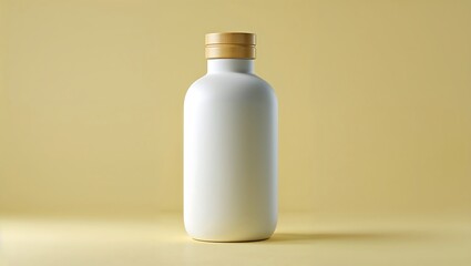 Large matte white bottle with bamboo cap, isolated on pale lemon yellow background.