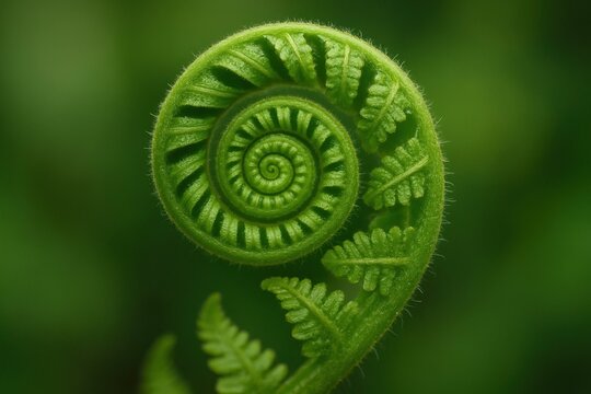 Natural fractal geometry reveals repeating patterns in nature. Close-up of a vibrant green fern frond unfurling in a spiral pattern, showcasing intricate leaf details