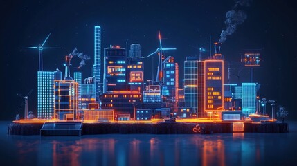 A neon-glowing smart city where renewable energy powers every building