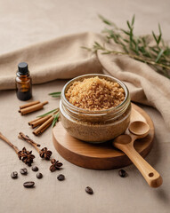 Flat lay of DIY body scrub ingredients on linen, including coffee scrub, honey, cinnamon, essential oil, and bamboo scoop.