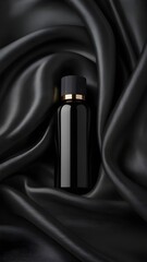 Elegant Black Perfume Bottle on Luxurious Satin Fabric Background for Beauty and Cosmetic Branding