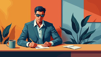 Stylish businessman wearing sunglasses writing notes at desk