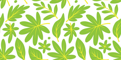 Seamless green leaves set. Hand drawn vector illustration. Elements for design. Seamless pattern for factory design