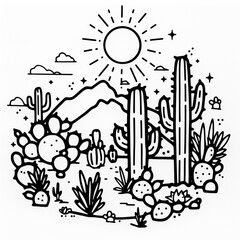 Illustrated desert landscape with cacti mountains sun and stars in black and white outline