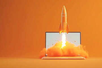 Orange rocket launching from a laptop screen, symbolizing innovation and technology advancement